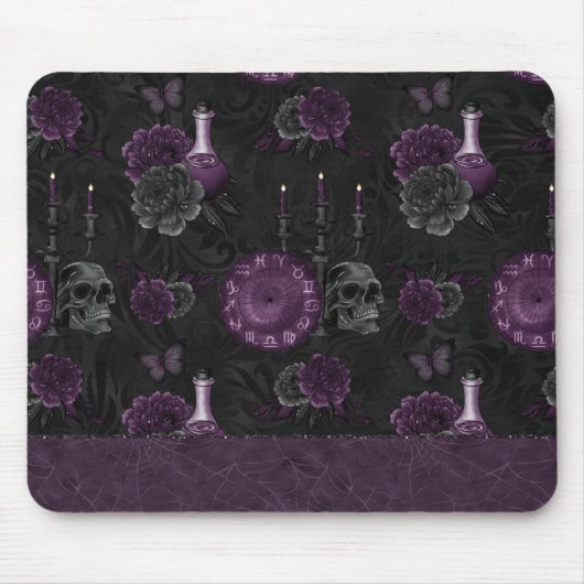 Zodiac Magic | Donker Paarse Plum Gothic Skull Roz Muismat (Voorkant)