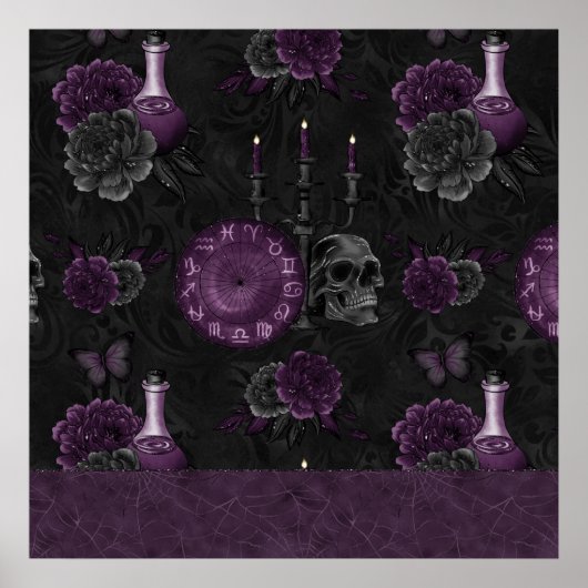 Zodiac Magic | Donker Paarse Plum Gothic Skull Roz Poster (Voorkant)