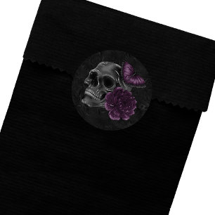 Zodiac Magic   Donker Paarse Plum Gothic Skull Roz Ronde Sticker