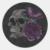 Zodiac Magic | Donker Paarse Plum Gothic Skull Roz Ronde Sticker (Voorkant)