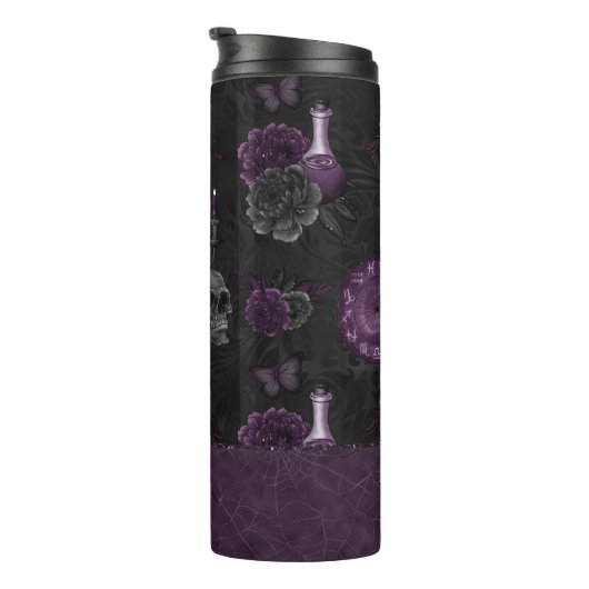 Zodiac Magic | Donker Paarse Plum Gothic Skull Roz Thermosbeker (Geroteerd rechts)