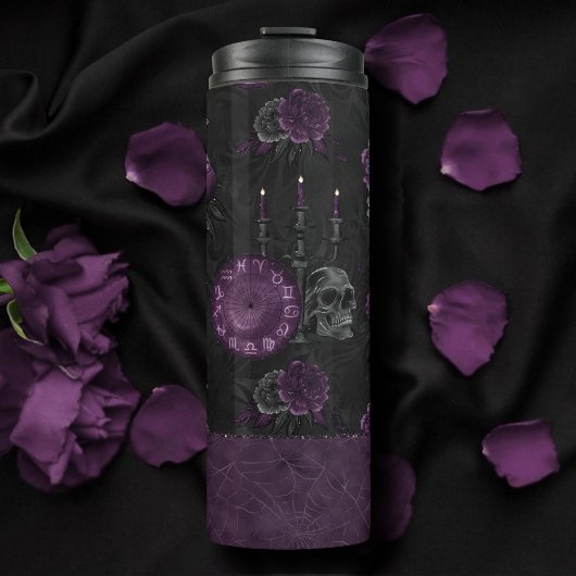 Zodiac Magic | Donker Paarse Plum Gothic Skull Roz Thermosbeker