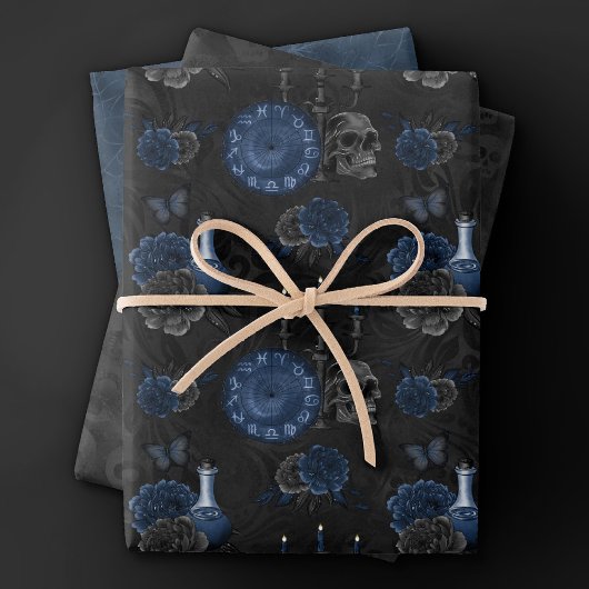 Zodiac Magic | Donkermarineblauw gotische schedel  Inpakpapier Vel