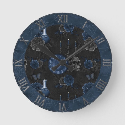 Zodiac Magic | Donkermarineblauw gotische schedel  Ronde Klok (Voorkant)