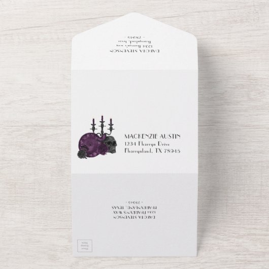 Zodiac Magie | Donkere Paarse Gotische Schedelroze All In One Uitnodiging (Buitenkant)