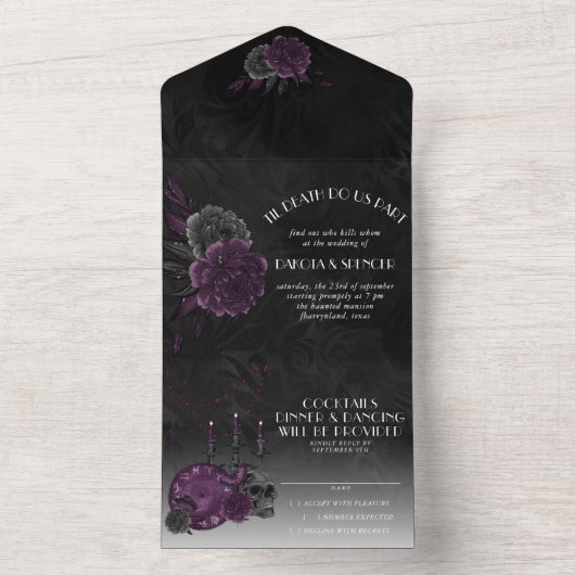 Zodiac Magie | Donkere Paarse Gotische Schedelroze All In One Uitnodiging (Binnen)