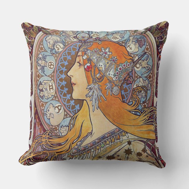 Zodiac met Hare Tiara Art Nouveau Kussen (Voorkant)