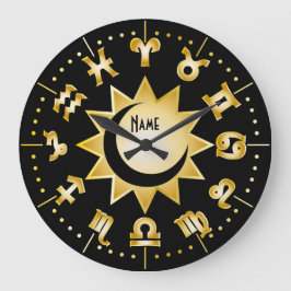 Zodiac Monogram Black Gold Sun Moon voegt Jouw naa Grote Klok