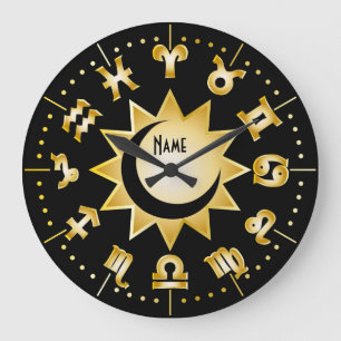Zodiac Monogram Black Gold Sun Moon voegt Jouw naa Grote Klok