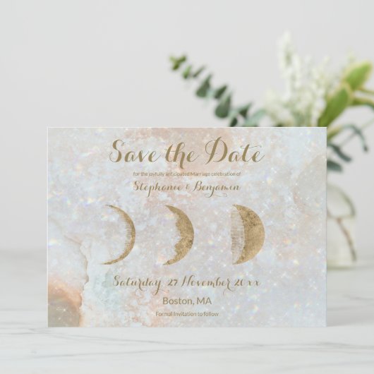 Zodiac Moon Blue Celestial Save the Date Kaart (Staand voorkant)