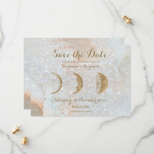 Zodiac Moon Blue Celestial Save the Date Kaart (Voorkant / Achterkant in situ)