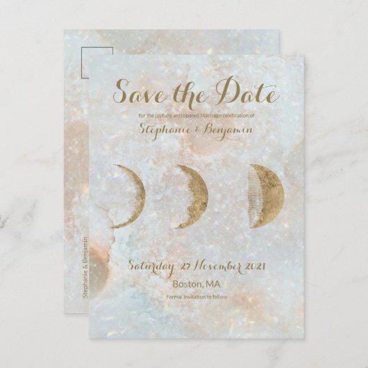Zodiac Moon Ice Blue Celestial Gold Save the Date Aankondigingskaart (Voorkant / Achterkant)