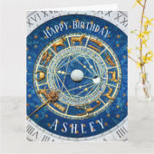 Zodiac Old World Birthday Sun Signs Blue + Name Kaart (Gele Bloem)