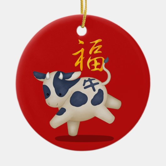 Zodiac Ox "Fortune" Chinees nieuwjaar Keramisch Ornament (Voorkant)