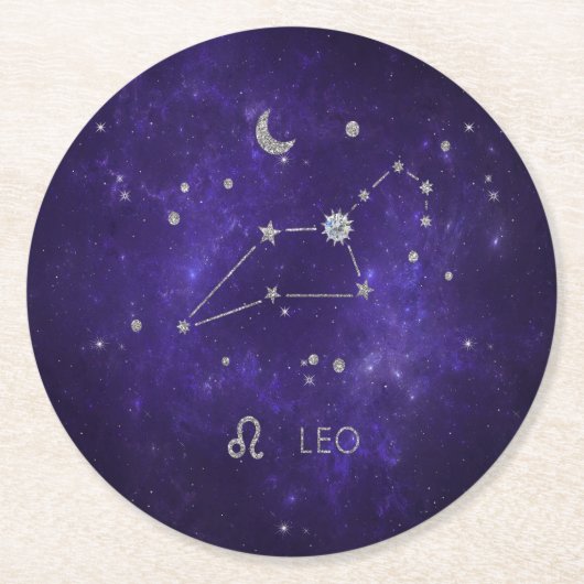 Zodiac Paarse Leeuw | Kosmische Astrologie Horosco Ronde Kartonnen Onderzetter (Voorkant)