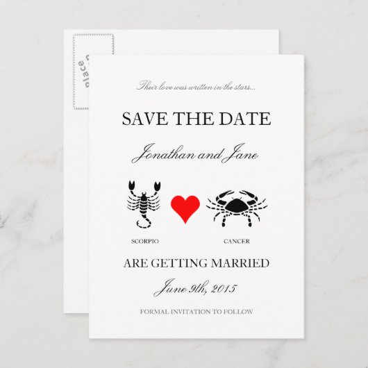 Zodiac Save the Date (Schorpioen/Kreeft) Wit Aankondigingskaart (Voorkant / Achterkant)