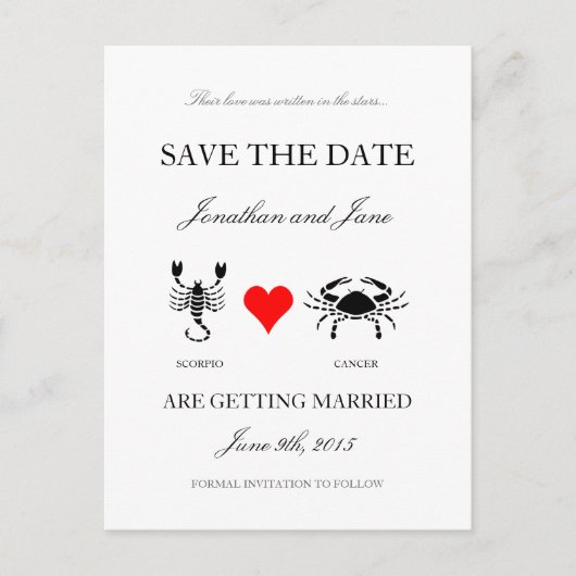Zodiac Save the Date (Schorpioen/Kreeft) Wit Aankondigingskaart (Voorkant)