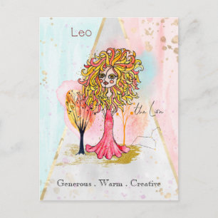 Zodiac Sign Leo The Lion Whimsical Girl Red Yellow Briefkaart