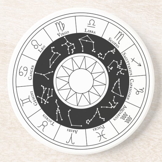 Zodiac-signalen Circle Black en White Zandsteen Onderzetter (Voorkant)