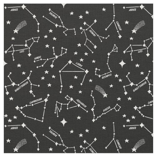 Zodiac Star Maps White op Black Cheeky Witch® Stof (Close Up)