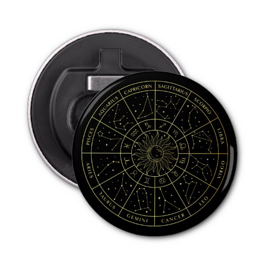 Zodiac ster sign horoscope constellations map gold button flesopener (Voorkant)