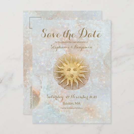 Zodiac Sun Ice Blue Celestial Gold Save the Date Aankondigingskaart (Voorkant / Achterkant)