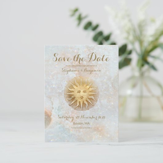 Zodiac Sun Ice Blue Celestial Gold Save the Date Aankondigingskaart (Staand voorkant)