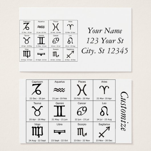 Zodiac Sun Sign Astrology Calendar Thunder_Cove Visitekaartje (Voorkant /achterkant)