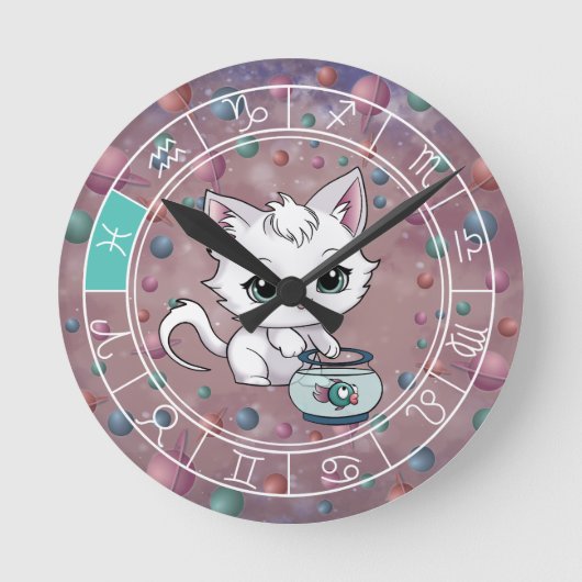Zodiac Vissen Schattigee Kat Wiel Planet Astrologi Ronde Klok (Voorkant)