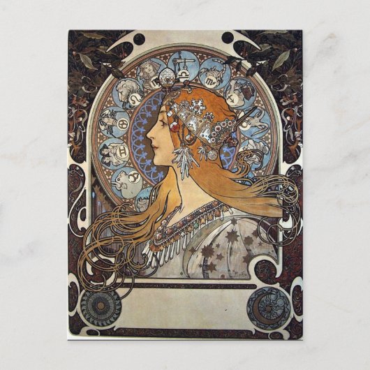 Zodiac Vrouw door Alphonse Mucha – Art Nouveau Feestdagenkaart (Voorkant)