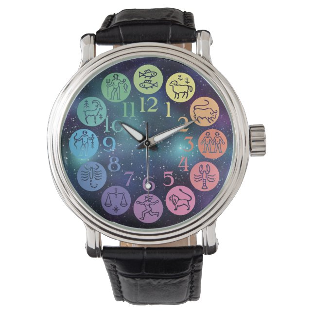 Zodiac Wheel Colorful Horoscope Signs Cosmic Horloge (Voorkant)