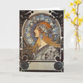 Zodiac Woman beroemd gemaakt door Alphonse Mucha - Kaart (Gele Bloem)