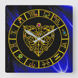 ZODIACALE SIGNALEN IN BLAUW, GOLD ASTRAL HEART Ast Vierkante Klok