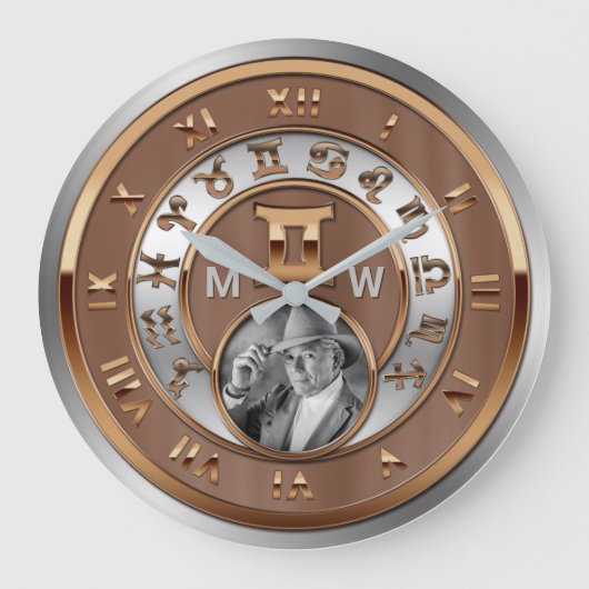 Zodiafoto Bronze Silver Monogram Gemini Twins Grote Klok (Voorkant)