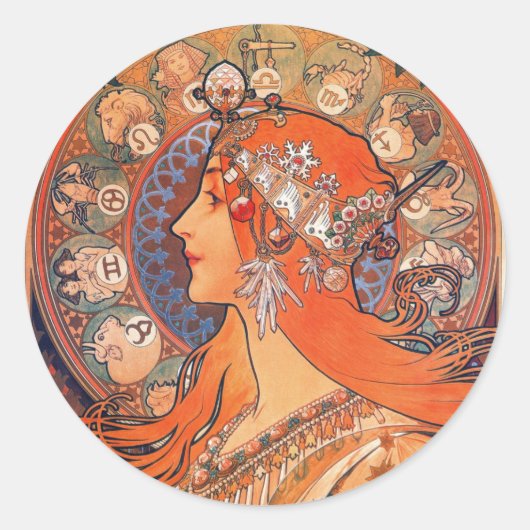 Zodiak Woman van Mucha Ronde Sticker (Voorkant)
