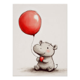 Zoe Baby Nijlpaard met Rode Ballon Perfect Poster