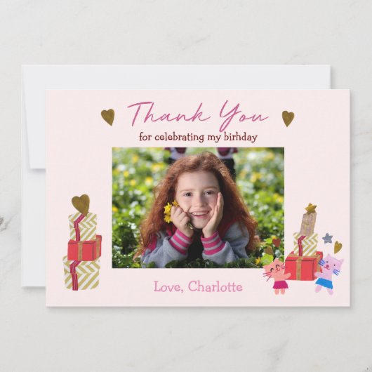 Zoe cat en cadeaus | Roze verjaardagsfeestje Bedankkaart (Voorkant)