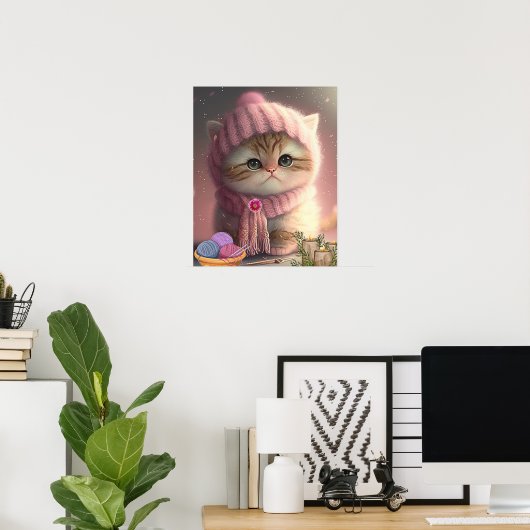 Zoe Cat in Roze Breien Muts en Sjaal Yarn Art Poster (Thuiskantoor)