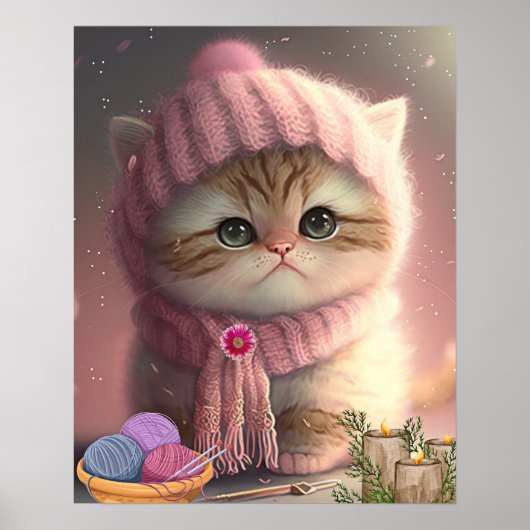 Zoe Cat in Roze Breien Muts en Sjaal Yarn Art Poster (Voorkant)