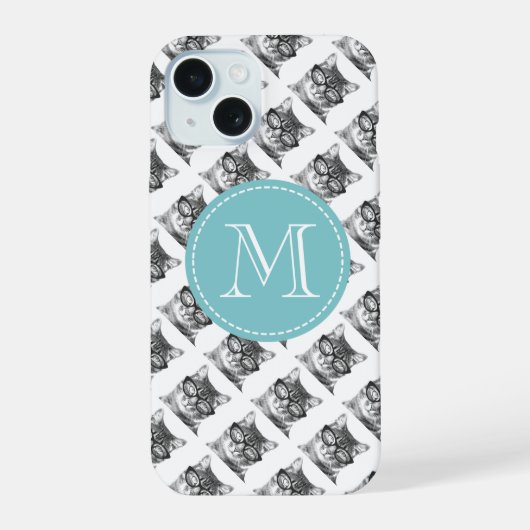 Zoe cat met bril patroon aangepaste monogram iPhone 15 case (Achterkant)