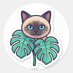 Zoe cute botanische Siamese kat met bladeren stick Ronde Sticker