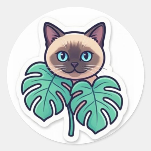 Zoe cute botanische Siamese kat met bladeren stick Ronde Sticker (Voorkant)