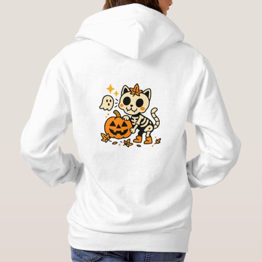 Zoe Cute Skeleton Kat met Pompoen T-Shirt (Achterkant)