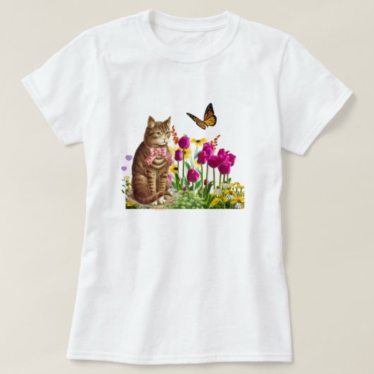 Zoe Kat in Bloementuin met Vlinder T-shirt (Design voorkant)