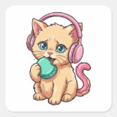 Zoe Kat Roze Koptelefoon Eet Macaron Sticker (Voorkant)