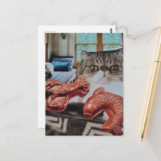 Zoe Kitten Met Kreeft en Vis Collage Briefkaart (Voorkant / Achterkant in situ)
