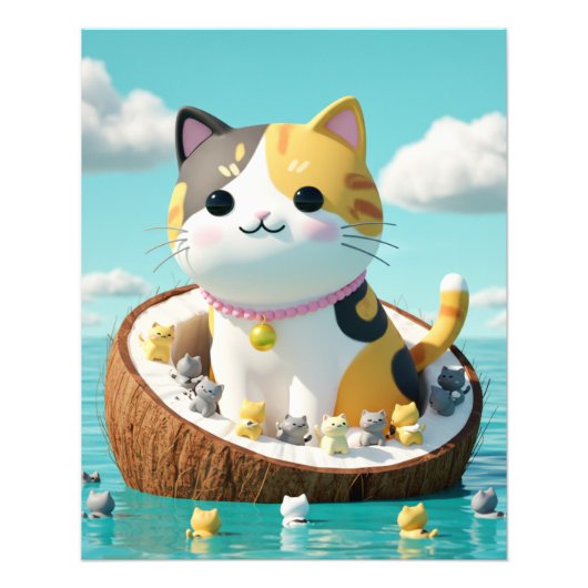 Zoe Kute Calico Kat op Kokosnoot Eiland – Kawaii O Foto Afdruk (Voorkant)