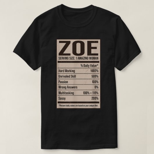 Zoe Nutrition Facts Name Nickname Alias Title Frie T-shirt (Design voorkant)