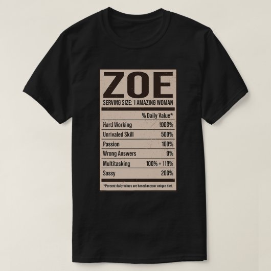 Zoe Nutrition Facts Name Nickname Alias Title Frie T-shirt (Design voorkant)