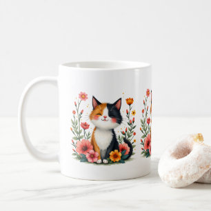 Zoe Schattige Calico Kat met Bloemrijke Cottagecor Koffiemok